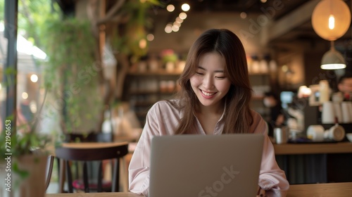 Young Asian woman using laptop working at a coffee shop happy and smile.