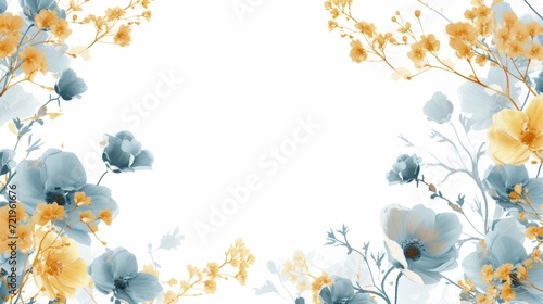 A floral border with peach and yellow flowers, green leaves against a white background.