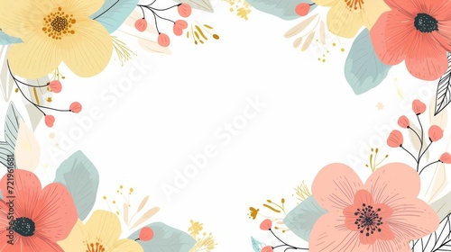 A floral border with peach and yellow flowers  green leaves against a white background.