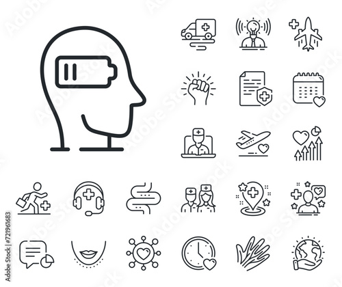 Difficult fatigue sign. Online doctor, patient and medicine outline icons. Weariness line icon. Mental health symbol. Weariness line sign. Veins, nerves and cosmetic procedure icon. Intestine. Vector