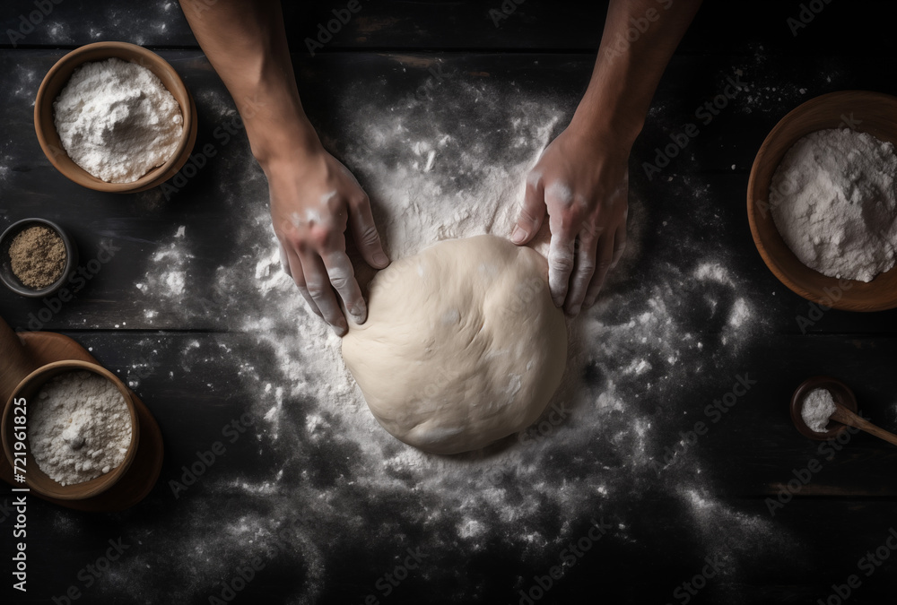 Obraz premium Pastry chef baker preparing kneading dough on black wooden table with flour top view of making bread flat lay
