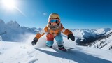 Young child in winter clothing learning to snowboard on a snowy slope with a bright blue sky