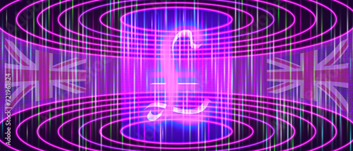 Vector bright glowing hologram of the British pound symbol. 3D digital virtual cyber space. Bright laser circles and beams. High tech futuristic banner.