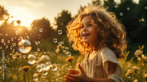 A joyful girl with curly hair playing with bubbles in a field during sunset.