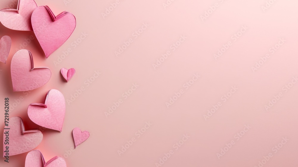 Paper hearts folded in 3D on a pink background.