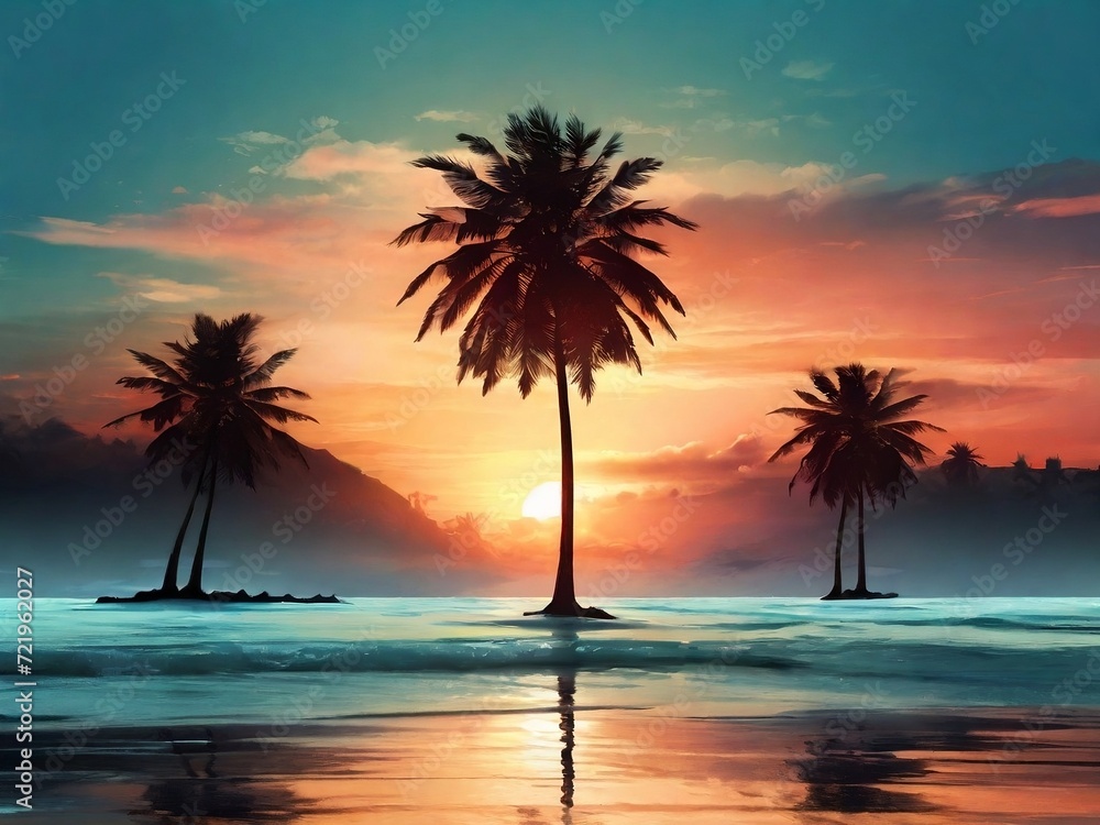 silhouette of a coconut tree on the beach, with a background of sunset light. design for poster, web, flyer, social media. ai generative design