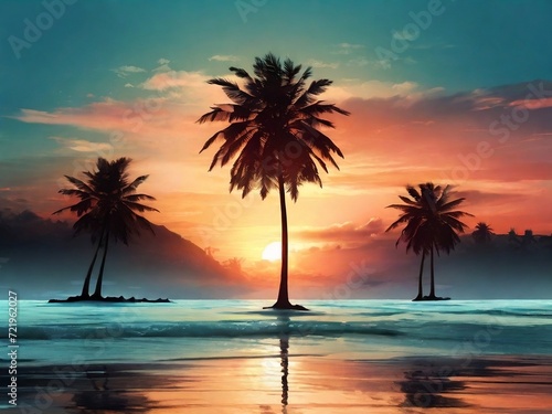 silhouette of a coconut tree on the beach  with a background of sunset light. design for poster  web  flyer  social media. ai generative design