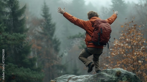 A man with hand up jumping on the top of the mountain