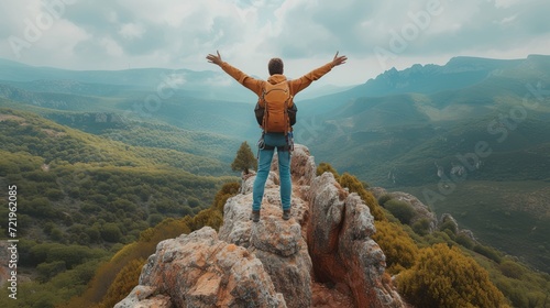 A man with hand up jumping on the top of the mountain