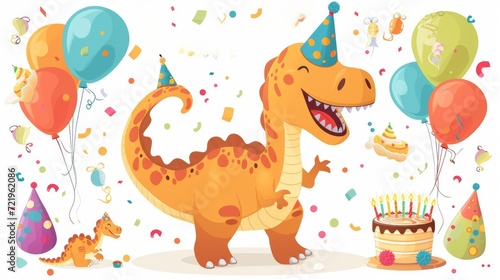 Cartoon dinosaur with birthday balloons, cake, and hats in a colorful birthday celebration scene. © mashimara