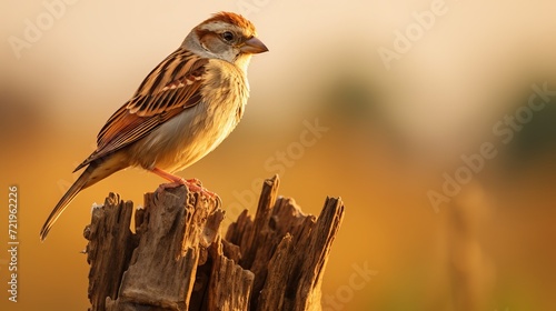 The cute brown house sparrow is standing on a wooden stick and watching its surroundings