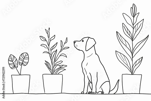 Dog next to plants with pots, in the style of gestural lines, one line drawing, traditional animation, made of wrought iron, logo, online sculpture, minimalist detail on a white background
