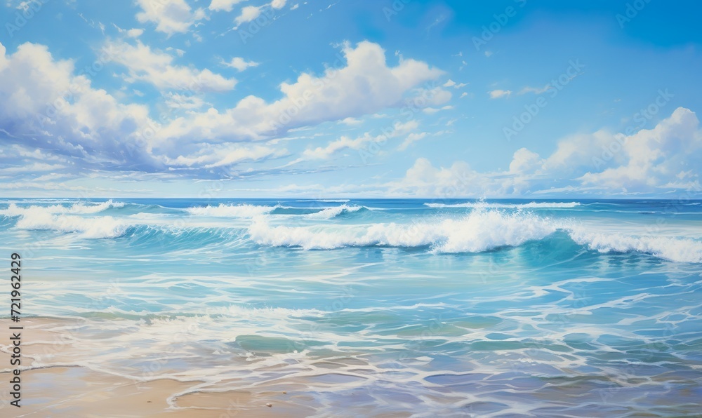 Sandy Beach with Waves Meeting the Horizon, Light Reflecting in a Bright, Invigorating Style