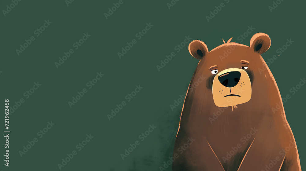 This grumpy yet lovable bear stands on a serene forest green background. - obrazy, fototapety, plakaty 