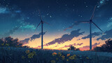 Two wind turbines in a field with the night sky.