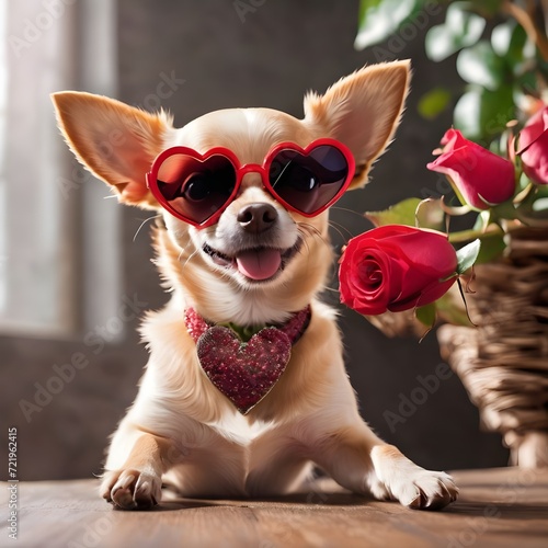 Chihuahua podenco dog in love for happy valentines day with petals and rose flower , looking up in wide angle