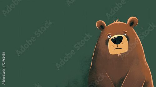 This grumpy yet lovable bear stands on a serene forest green background. photo