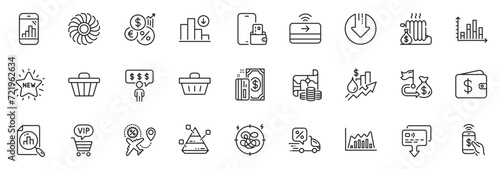 Icons pack as Rise price, Fan engine and Decreasing graph line icons for app include Radiator, Graph phone, Inflation outline thin icon web set. Payment, Pyramid chart, Phone payment pictogram. Vector
