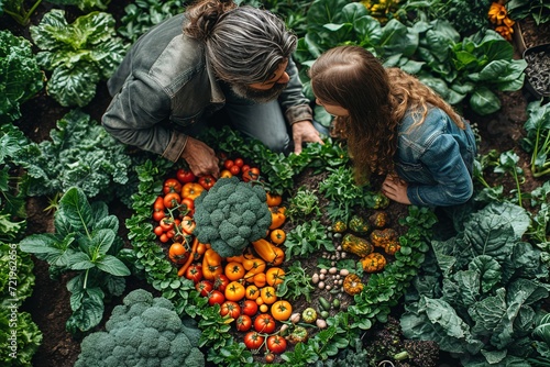 Family planting a heart-shaped vegetable garden with vibrant produce