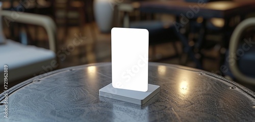 White card standing on a trapezoidal metal table, brushed silver. photo
