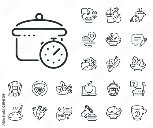 Cooking timer sign. Crepe, sweet popcorn and salad outline icons. Boiling pan line icon. Food preparation symbol. Boiling pan line sign. Pasta spaghetti, fresh juice icon. Supply chain. Vector