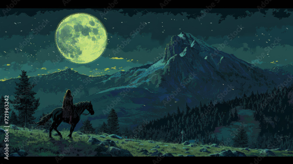 Horse riding on blue mountain with full moon moonscape painting. Horse riding on blue mountain with full moon moonscape painting.
