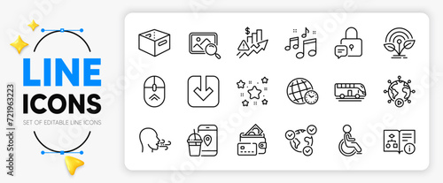 Office box, Load document and Breathing exercise line icons set for app include Rise price, Music, Online voting outline thin icon. Disability, Stars, Bus tour pictogram icon. Money. Vector