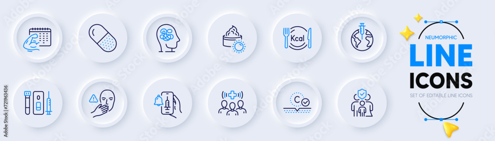 Vaccine announcement, Blood and saliva test and Collagen skin line icons for web app. Pack of Sun cream, Capsule pill, Calories pictogram icons. Dont touch, Fitness calendar. Vector Vaccine announcement, Blood and saliva test and Collagen skin line icons for web app. Pack of Sun cream, Capsule pill, Calories pictogram icons. Dont touch, Fitness calendar. Vector