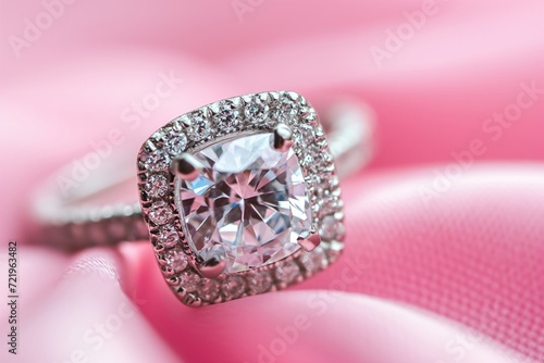 Diamond engagement ring on a pink silk background. Luxury female jewelry close-up