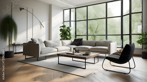 "Sleek Contemporary Living Room with Verdant View" AI-Generative