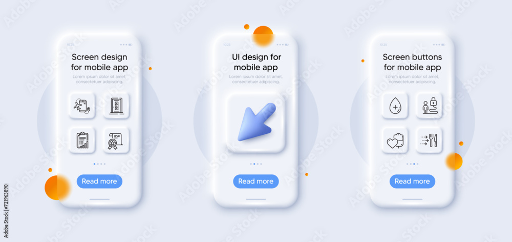 Door, Blood and Checklist line icons pack. 3d phone mockups with cursor. Glass smartphone screen. Certificate, Food delivery, Flights application web icon. Oil serum, Lock pictogram. Vector Door, Blood and Checklist line icons pack. 3d phone mockups with cursor. Glass smartphone screen. Certificate, Food delivery, Flights application web icon. Oil serum, Lock pictogram. Vector