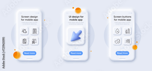 Door, Blood and Checklist line icons pack. 3d phone mockups with cursor. Glass smartphone screen. Certificate, Food delivery, Flights application web icon. Oil serum, Lock pictogram. Vector