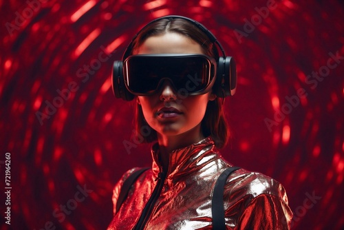 woman in VR glasses, futuristic red background, modern technology evolution, new era concept © Денис Богдан
