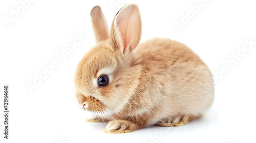 Cute fluffy bunny with large ears sitting on a white background.