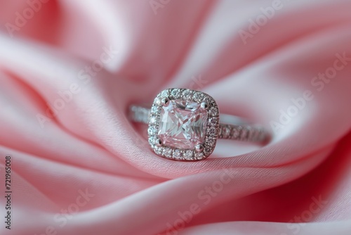 Diamond engagement ring on a pink silk background. Luxury female jewelry close-up