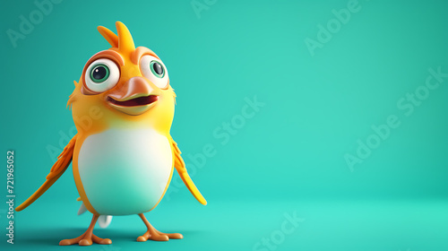 A lively and vivacious 3D cartoon bird with a vibrant turquoise background.