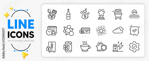 Refrigerator, Home insurance and Wine line icons set for app include Confirmed, Money bag, Flight mode outline thin icon. Winner, Execute, Puzzle time pictogram icon. Charging station. Vector