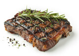 Char-Grilled Steak Seasoned with Fresh Rosemary and Cracked Pepper, a white background
