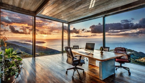 modern house overlooking ocean open space office  large windows and panoramic view