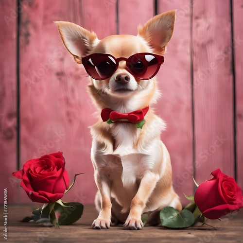 Chihuahua dog in love on valentines day, rose in mouth, with sunglasses and cool gesture, on wood background