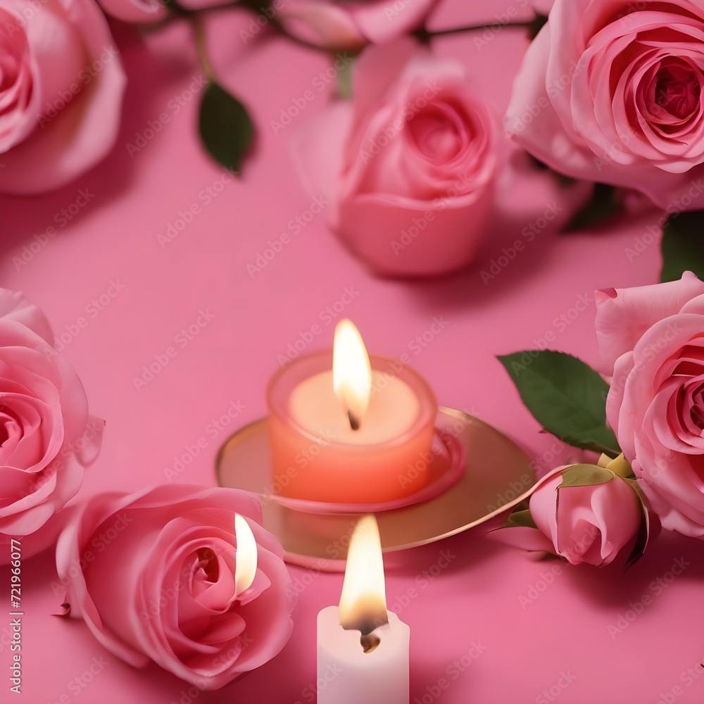 Pink Roses and candle on a pink background Pink Roses and candle on a pink background