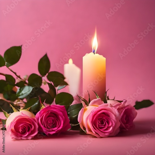 Pink Roses and candle on a pink background 