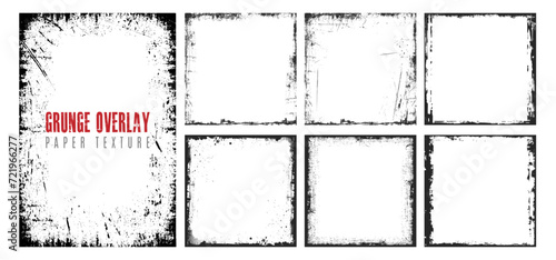 Set of grunge overlay texture frame with ink brush stroke and torn or rip paper effect. Grungy vintage overlay pattern for social media template. Retro photo background layout for business banner art. photo