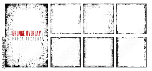 Set of grunge overlay texture frame with ink brush stroke and torn or rip paper effect. Grungy vintage overlay pattern for social media template. Retro photo background layout for business banner art.