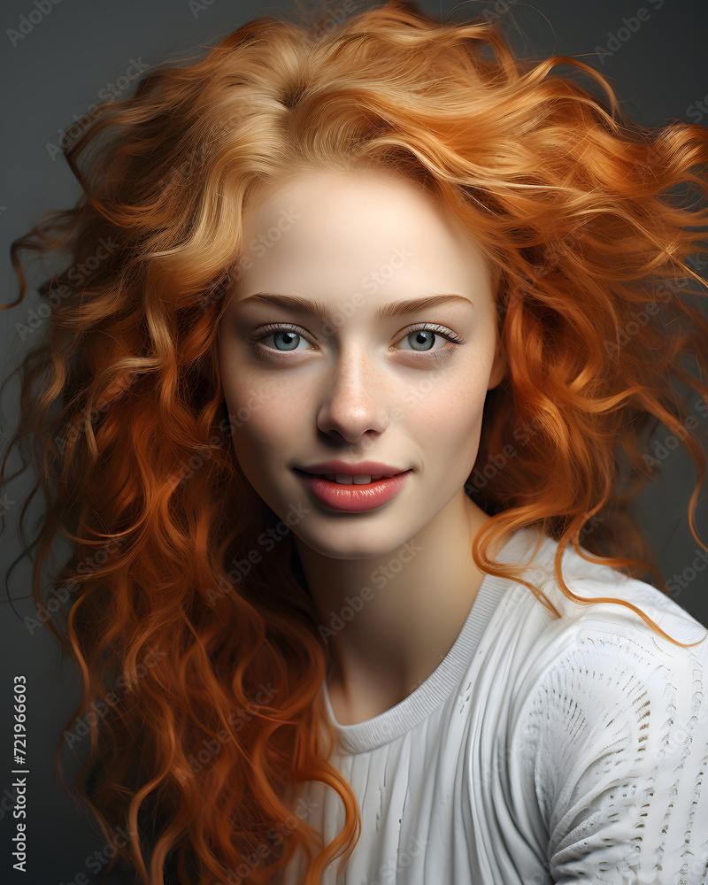 Portrait of a Woman with Beautiful Wavy Red Hair and Clean White Face Portrait of a Woman with Beautiful Wavy Red Hair and Clean White Face