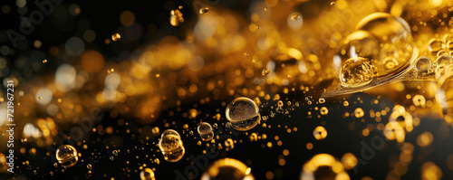 Golden liquid gel with micro bubbles as it slowly slides down on the black surface