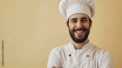 A charismatic baker wearing a traditional chef's hat stands against a creamy background, exuding warmth and skill.