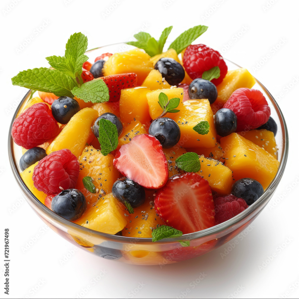 The Perfect Summer Dessert with strawberries, raspberries, blueberries, mango, and mint in a glass bowl on a light background