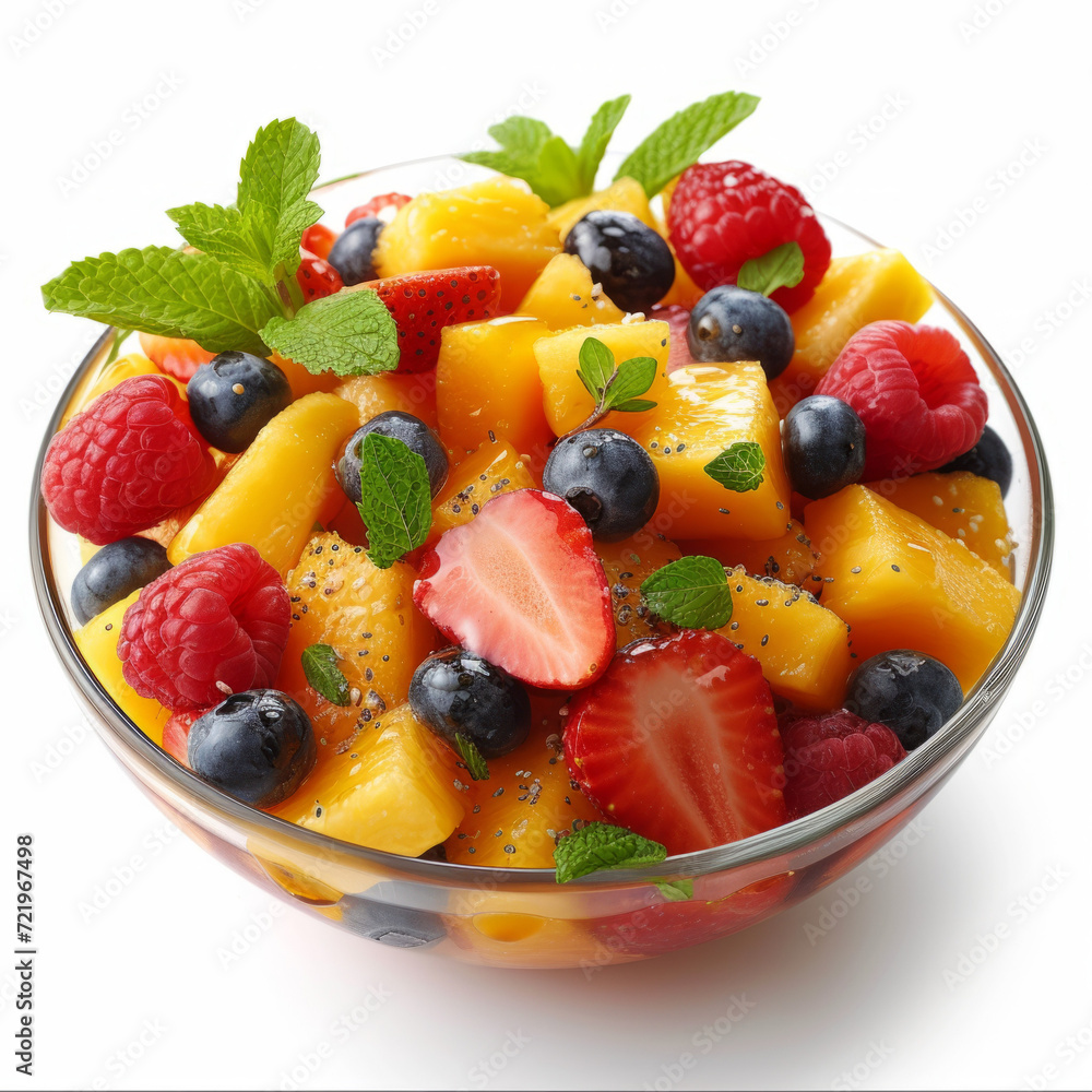 The Perfect Summer Dessert with strawberries, raspberries, blueberries, mango, and mint in a glass bowl on a light background The Perfect Summer Dessert with strawberries, raspberries, blueberries, mango, and mint in a glass bowl on a light background