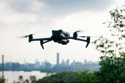 Fototapeta Naklejka Na Ścianę i Meble -  Drone flying  in spring city